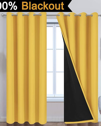 Yakamok 100% Blackout Curtains Energy Saving Thermal Insulated 2 Thick Layers Completely Blackout Drapes with Black Liner for Bedroom (52Wx84L,Mustard Yellow, Set of 2)