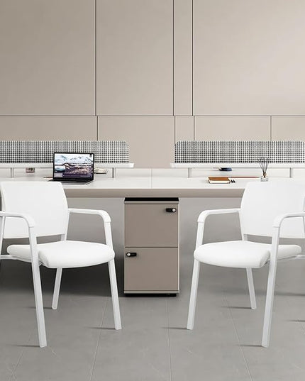 CLATINA Stacking Office Chairs | Mesh Back, Thicken Leather Seat and Arms, Ergonomic Lumber Support | Guest Reception, Waiting, Conference, School, Party, Customer, Side, Stationary | Set of 8, White