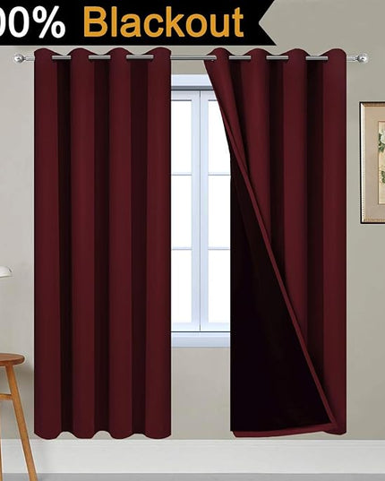 Yakamok 100% Blackout Curtains 72 Inches Long, 2 Thick Layers Completely Blackout Window Treatment Thermal Insulated Lined Drapes for Bedroom(Burgundy Red, 52" Width Each Panel, 2 Panels)