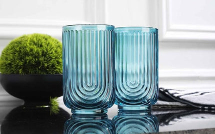 Glaver's Vintage Glassware Art Deco Glasse Ribbed Drinking Glasses U-Shape Arch Design Colored Cocktail Kitchen Tumblers Everyday Dinner Decorative Party, Blue (Blue S/4 17oz)