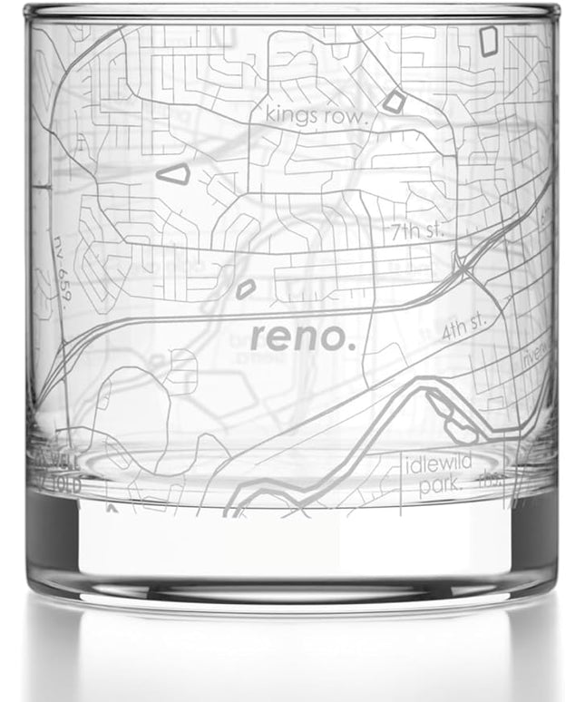 Well Told Engraved Reno Nevada Map Rocks Glass, Old Fashioned Glassware (11 oz, Clear) Etched Bourbon Tumbler, Gifts For Whiskey Lovers