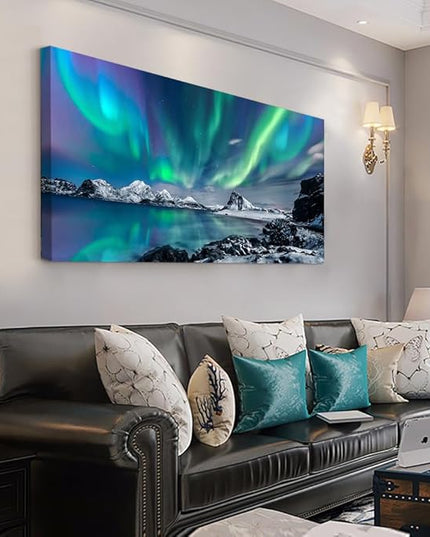 Blue Aurora Scenery Canvas Pictures Artwork Framed Canvas Wall Art For Living Room Large Size Wall Decor For Office Bedroom Wall Decorations Paintings Ready To Hang 30" X 60"