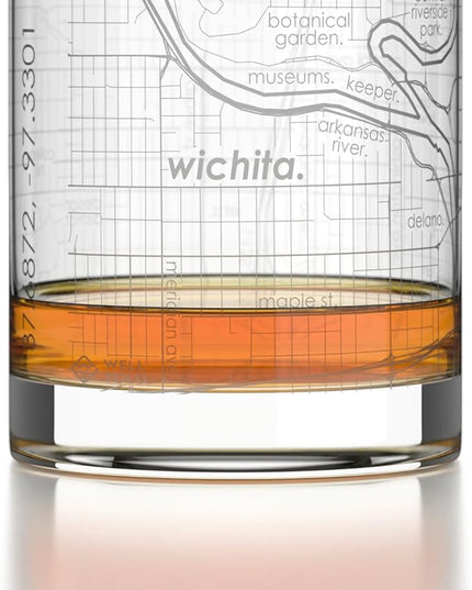 Well Told Engraved Wichita Kansas Map Rocks Glass, Old Fashioned Glassware (11 oz, Clear) Etched Bourbon Tumbler, Gifts For Whiskey Lovers