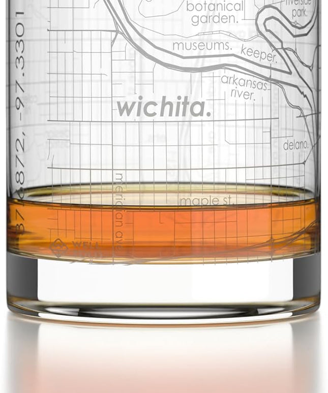 Well Told Engraved Wichita Kansas Map Rocks Glass, Old Fashioned Glassware (11 oz, Clear) Etched Bourbon Tumbler, Gifts For Whiskey Lovers