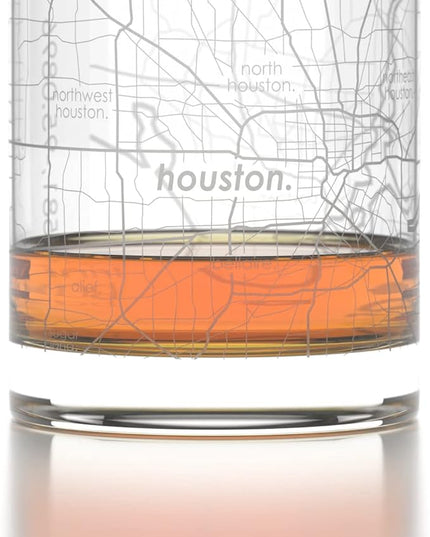 Well Told Engraved Houston Texas Map Rocks Glass, Old Fashioned Whiskey Glass (11 oz, Clear) Etched Whiskey Glass, Gifts For Whiskey Lovers