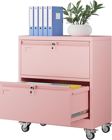 METAN Upgrade 2 Drawers Lateral File Cabinet on Wheels,Steel Office Filing Storage Cabinet with 2 Locks,Assembly Required,Pink