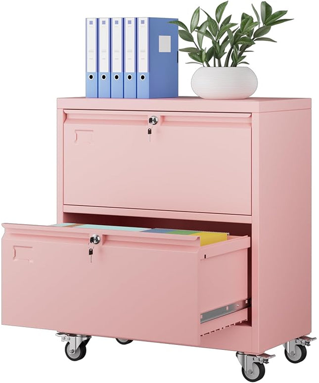 METAN Upgrade 2 Drawers Lateral File Cabinet on Wheels,Steel Office Filing Storage Cabinet with 2 Locks,Assembly Required,Pink