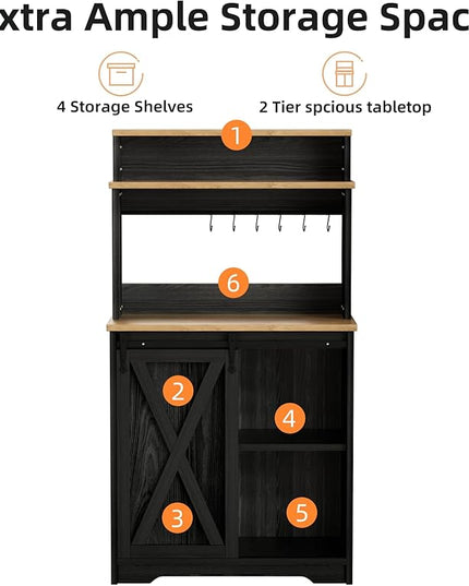 Farmhouse Coffee Bar with 3 Tier Storage Hutch, 56 Inch Small Bar Station with 6 Hooks, Corner Table with Adjustable Shelves for Living Dining Room (Black)