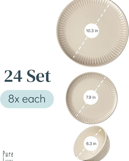 Stoneware Dinnerware Set for 8 People HYGGE 24-Piece - Elegant Scandi Design - Premium Dish Set - Bowl and Plate Set - Tableware for 8 People in a Ribbed Design - Pure Living in Light Brown