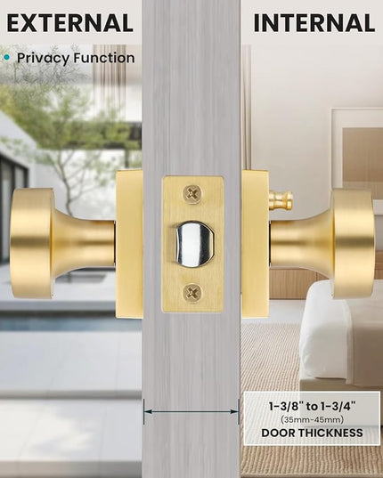 Gold Door Knobs Interior, Heavy Duty Brushed Gold Interior Door Knob, Square Bathroom/Bedroom Door Knob with Lock, Zinc Alloy Indoor DoorKnob (2 Pack)
