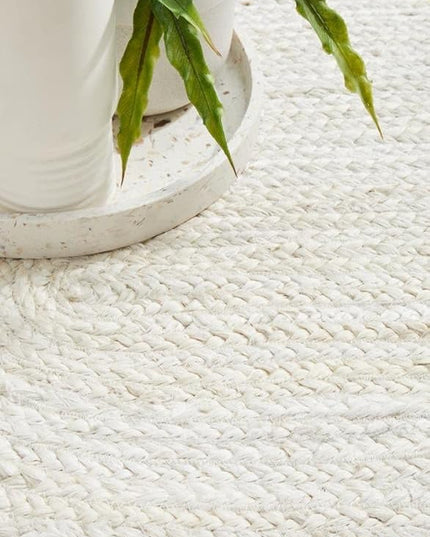 FRELISH DECOR Handwoven Jute Area Rug - Off-White Round Rustic Vintage Beige Braided Reversible Rug - Eco Friendly Rug for Bedroom - Kitchen - Living Room - Farmhouse (3' Round - Off-White)