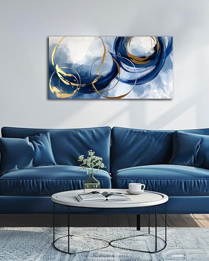 Abstract Wall Art Nave Blue Modern Canvas Pictures Art Print Gold Contemporary Artwork Painting Decor for Living Room Bedroom Home Office Decorations(20"x40")