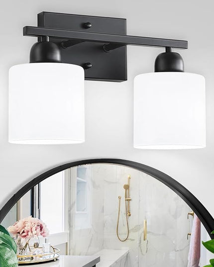 2 Light Black Bathroom Light Fixture, Modern Bathroom Lights with Milky White Frosted Glass Shades for Mirror Living Room Bedroom Hallway E26 Base