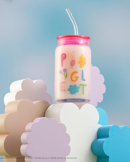 JoyJolt Disney Winnie the Pooh & Friends Flower Power Glass Tumblers with Lids and Straws, 16oz Glass Cups with Lids and Straws, Can Shaped Drinking Glasses Set of 4, Disney Gifts for Adults