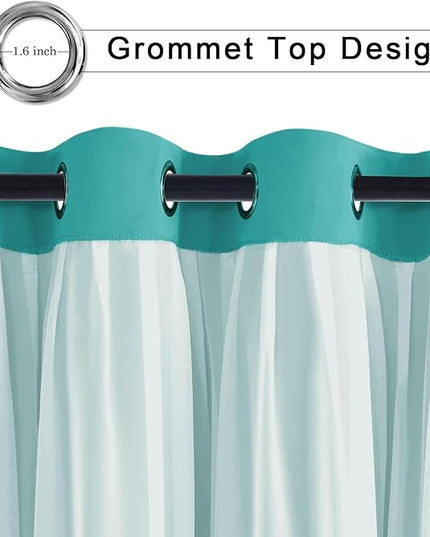 Hiasan Double Layer Blackout Curtains with Sheer Overlay, Extra Long Mix & Match Thermal Insulated Grommet Window Curtains for Bedroom, Living Room, 2 Panels with Tiebacks,Peacock Teal, 52W X 108L