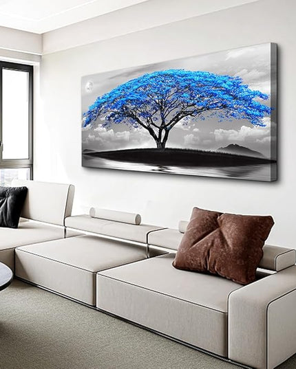 Wapluam Large Canvas Prints Wall Art For Living Room Bedroom Wall Decor Black And White Pictures Blue Tree Landscape Painting To Hang Modern Home Decorations For Office Stretched And Framed Works