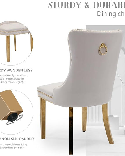 SoarFlash Velvet Dining Chair Set of 4, Upholstered Tufted Dining Room Chair with Nailhead Trim, Solid Gold Plated Leg for Kitchen (Beige)