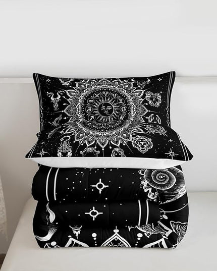 Sun and Moon Kids Comforter Set Twin Size,Starry Sky Galaxy Planet Trippy Bedding Set,Boys Girls Adults Room Decor,12 Constellation Datura Boho Down Comforter,Black White Duvet Insert,1 Pillowcase