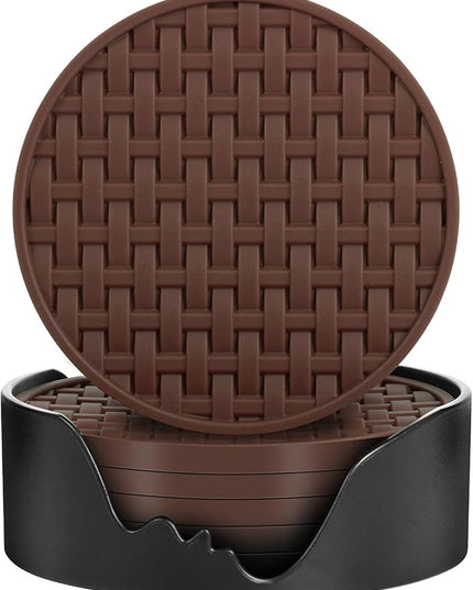 Brown Round Silicone Coasters with Holder, Heat Resistant & Waterproof Cup Mats, 4 Inches Non-Slip Decorative Coster Set 6 Packs for Home, Office, Kitchen, Coffee Bar Table