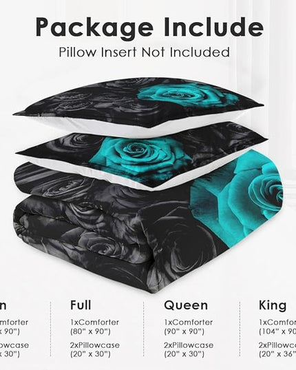 Full Size Comforter Set with 2 Pillowcases, Cyan Rose Flower 3 Pcs Bedding for Kids and Adults, Summer Vintage Floral Soft Comforter Set for Bedroom Bed Decor