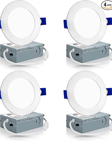 Meconard 4 Pack 4 Inch LED Recessed Ceiling Light with Junction Box, 3000K/4000K/5000K Selectable, 9W=75W 750LM, Dimmable Canless Downlights, ETL and Energy Star Listed