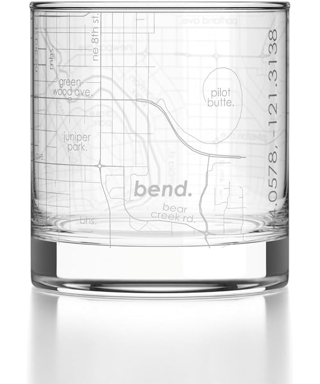 Well Told Engraved Bend Oregon Map Rocks Glass, Old Fashioned Glassware (11 oz, Clear) Etched Bourbon Tumbler, Gifts For Whiskey Lovers