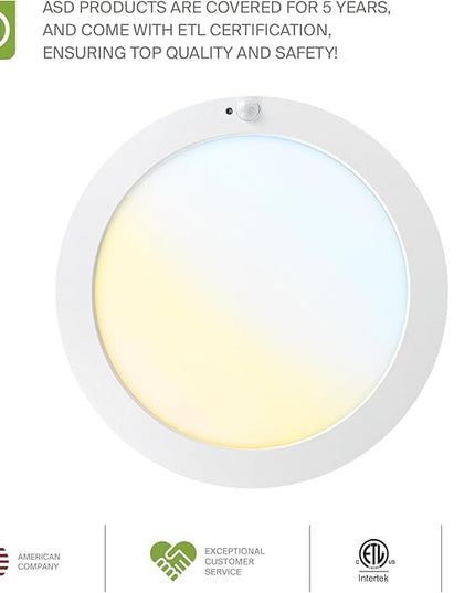 ASD LED 12" Round Flush Mount Ceiling Light Fixture, Low Profile Surface Lighting | 5CCT, Motion Sensored, Ultra-Thin, ETL Listed | 24W 1700LM 2700-6000K 120V | Kitchen, Hallway Lamp | White, 4 Pack