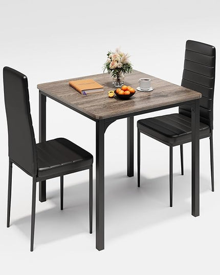 Gizoon Kitchen Table for 2, Table and Chairs Set of 2, 3 Piece Dinner Table Set with 2 Upholstered PU Leather Chairs for Dining Room, Living Room, Apartment, Small Space, Grey