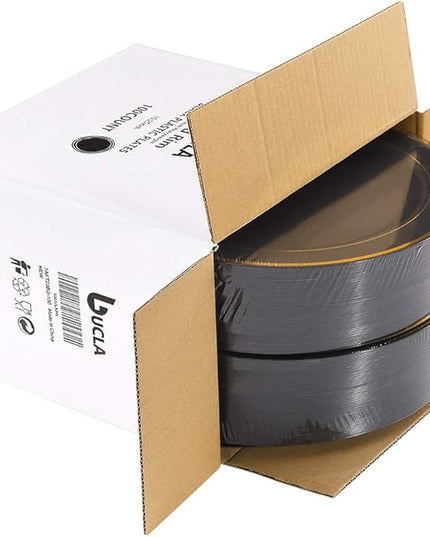 bUCLA 100 Pieces Black and Gold Plastic Dessert Plates - 7.5inch Disposable Salad/Appetizer Plates - Ideal for Party, Graduation & New Year