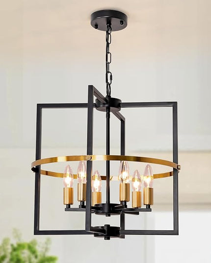 6-Light Black and Gold Chandelier, Geometric Dining Room Light Fixture, Modern Chandelier, Hanging Industrial Metal Farmhouse Chandeliers for Living Room Entryway Foyer Kitchen