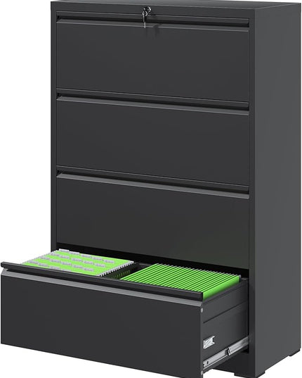 File Cabinets 4 Drawer,Metal Office Storage Filing Cabinet with Lock,Black Lateral Filing Cabinet for Home Office,Horizontal Locking File Cabinet for Legal/Letter/A4 Files,Assembly Required