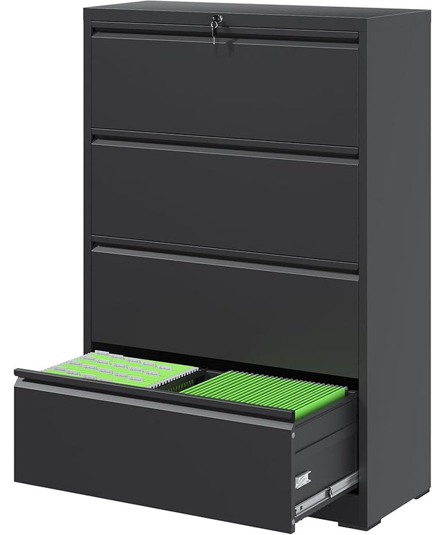 File Cabinets 4 Drawer,Metal Office Storage Filing Cabinet with Lock,Black Lateral Filing Cabinet for Home Office,Horizontal Locking File Cabinet for Legal/Letter/A4 Files,Assembly Required