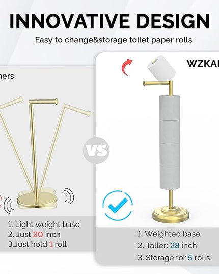 Freestanding Toilet Paper Holder Stand with Storage – Holds 4 Extra Rolls – Brushed Gold Toilet Paper Holder for Bathroom – Sturdy Base, Classic Retro Style, Space-Saving Bathroom Storage