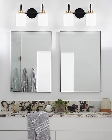 Modern Matte Black and Gold Bathroom Vanity Light Fixtures 2 Lights Milky Glass Wall Sconce Light Modern Vanity Lights Over Mirror(Exclude E26 Bulb)