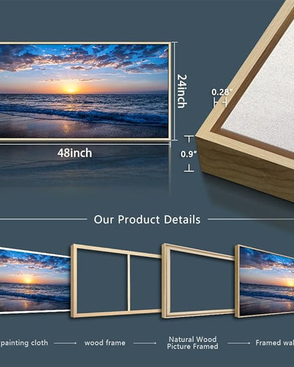 Natural Wood Framed Wall Decor Living Room Large Size Canvas Wall Art For Bedroom Office Wall Decorations Blue Sea Beach Pictures Artwork Sunny Ocean Painting Modern Room Home Decor 24" X 48"