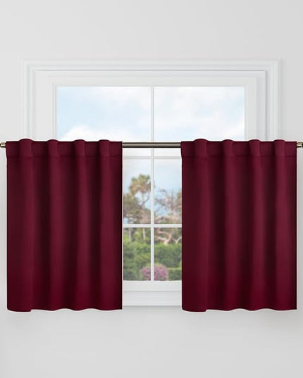 BGment Short Blackout Curtains 30 Inch Length for Small Windows - 34 x 30 inch Curtains Rod Pocket and Back Tab Thermal Insulated Room Darkening Curtains for Kitchen/Cafe Room, 2 Panels, Burgundy Red