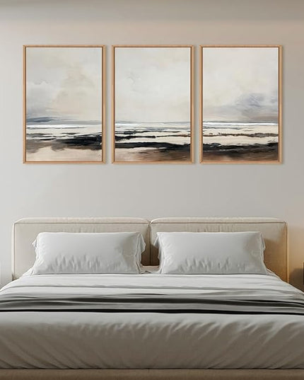 HOURIA Large Neutral Abstract Gray Framed Wall Art Set,Minimalist Modern Beige Brown Landscape Wall Decor,Wilderness Filed Artwork,Watercolor Misty Lake Print for Living Room,Bedroom,Office- 24"x36"x3