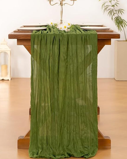 Socomi 3pcs Olive Green Christmas Cheesecloth Table Runner Boho Rustic Gauze 120 inch 10FT Cheese Cloth Runner for Wedding Party Baby Shower Birthday Home Decor Holiday Decorations