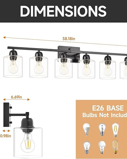 Bath Vanity Lights For Mirror, Restroom Lights Fixtures With Milky White Frosted Glass Shades,Bathroom Over Sink Light Fixtures, Bathroom Light Fixtures Over Mirror (Black with clear glass, 6-Light)