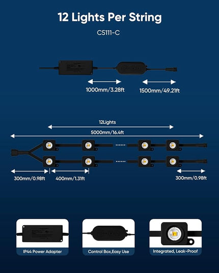 APPECK Permanent Outdoor Lights 400ft with 288 LED Lights, 144W Smart RGBW Eaves Lights,DC 36V, 40LM, IP67 Waterproof String Lights for Christams, Party Decor, Compatible with Alexa, Black