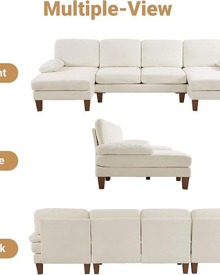 VINGLI 110" Sectional Couches for Living Room,U Shaped Couch with Double Chaise, 4-Seat Sofa Set with Chenille Fabric for Home Furniture,Beige