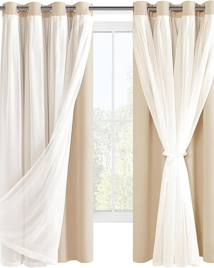 Hiasan Blackout Curtains with Sheer Overlay, Grommet Thermal Insulated Privacy Mix and Match Double Layer Window Curtains for Girls Bedroom, Living Room, 2 Drape Panels with Tiebacks, Beige, 52W X 63L