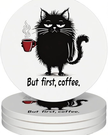 zcyhtqp, But First Coffee, Funny Absorbent Round Ceramic Stone Coasters Set of 4 with Cork Base, Funny Coffee Coasters, Cat Lover, Gifts for Home, Kitchen, Office Table Décor