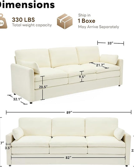 Tbfit 89" Cloud Modern Sofa, Comfy 3-Seater Couch w/Pillows, Pocketed Spring Seats, Plush Foam Cushions, Chenille Fabric Removable Cover, Soft Upholstered Living Room Furniture Home Apartment, Beige