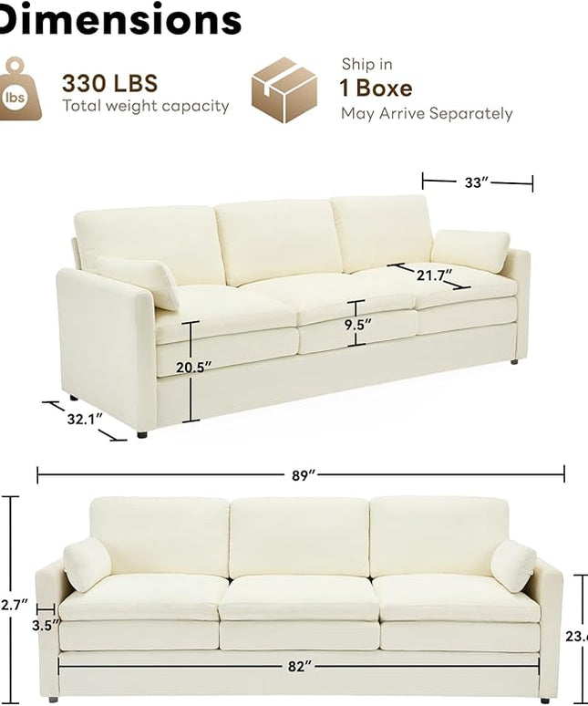 Tbfit 89" Cloud Modern Sofa, Comfy 3-Seater Couch w/Pillows, Pocketed Spring Seats, Plush Foam Cushions, Chenille Fabric Removable Cover, Soft Upholstered Living Room Furniture Home Apartment, Beige