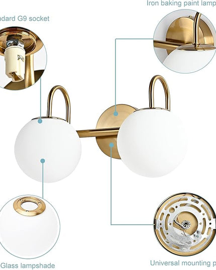 Modern Bathroom Vanity Light Fixtures 2 Lights Brushed Brass Milk White Globe Glass Shade Modern Wall Bar Sconce Lighting Bath Vanity Lights Over Mirror (Exclude G9 Bulb)