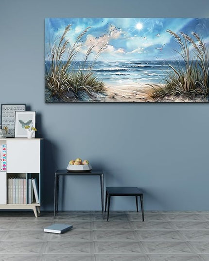 hyidecorart Large Wall Art For Living Room Wall Decor For Bedroom Sunshine Ocean Scenery Painting Blue Sea Waves Wall Pictures Office Modern Canvas Prints Artwork Aesthetic Home Decoration 48"X 24"