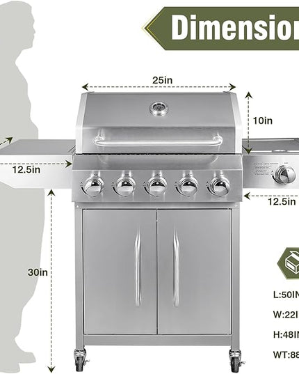 Bestfire 68,000 BTU 5 Burner Propane Gas Grill with Side Burner-Professional-Grade Stainless Steel Outdoor BBQ Grill-647 sq in Cooking Space&Porcelain Cast Iron Grrates-Patio Cart Design for Backyard