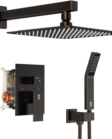 SR SUN RISE Oil Rubbed Bronze Shower System 12 Inches Brass Bathroom Luxury Rain Mixer Shower Combo Set Wall Mounted Rainfall Shower Head System Shower Faucet Rough-in Valve Body and Trim Included