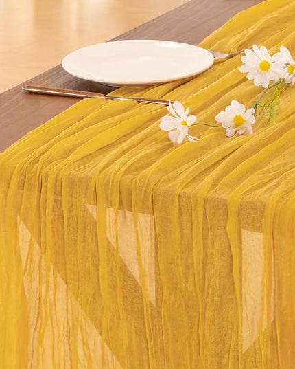 Socomi 10pcs Gold Yellow Cheesecloth Table Runner Boho Rustic Gauze 120 inch 10FT Cheese Cloth Runner for Wedding Party Baby Shower Birthday Home Decor Holiday Decorations